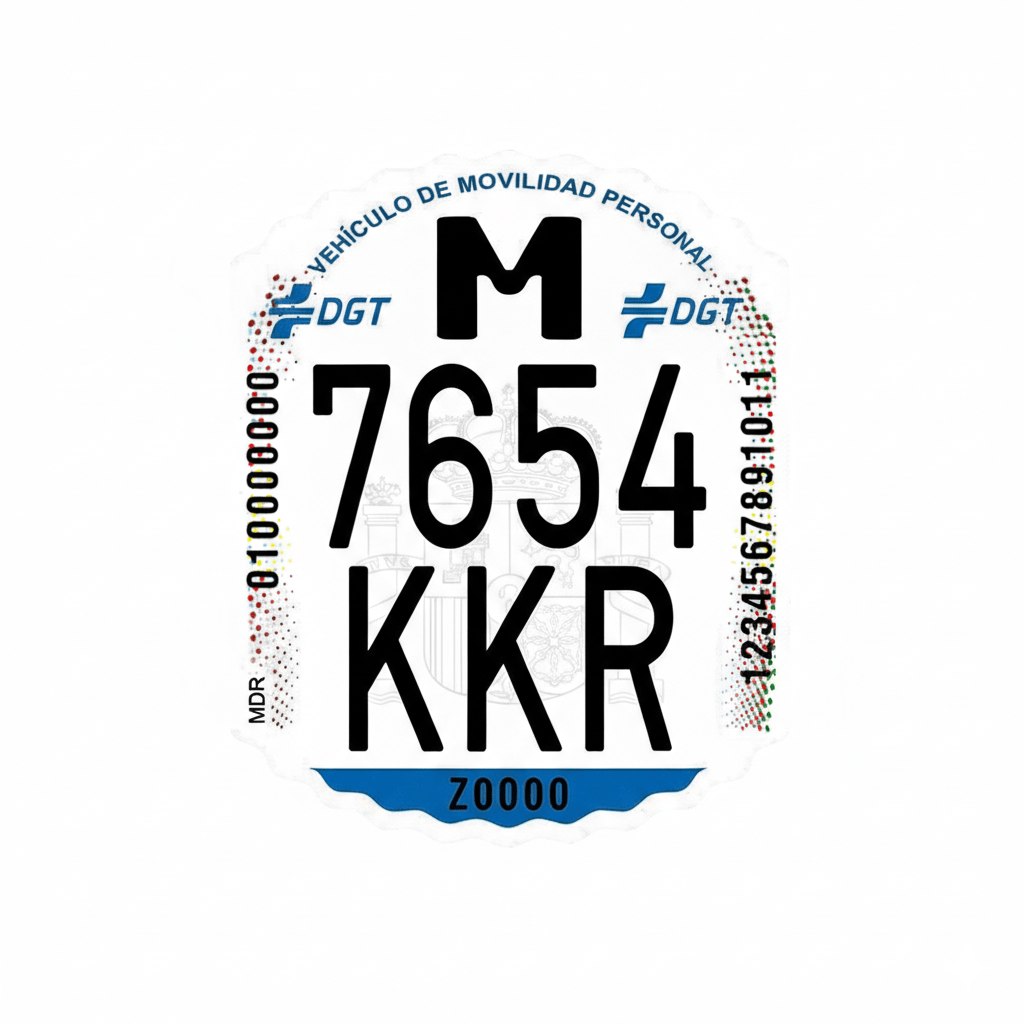 Matrícula oficial DGT para patinete eléctrico (VMP) personalizada: adhesiva y antifalsificación