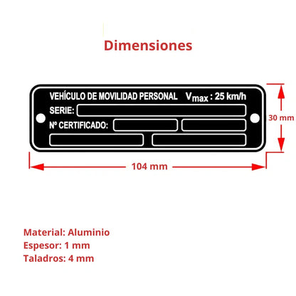 Placa de Homologación VMP para patinete eléctrico